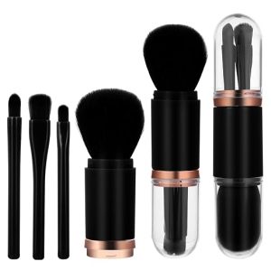 Travel Makeup Brushes Set 4 In 1 Mini Cute Makeup Brush Retractable Professional Foundation Brush Portable Cosmetics Accessories Make Up Holder Tool Fit Powder Eye Shadow Facial Contour
