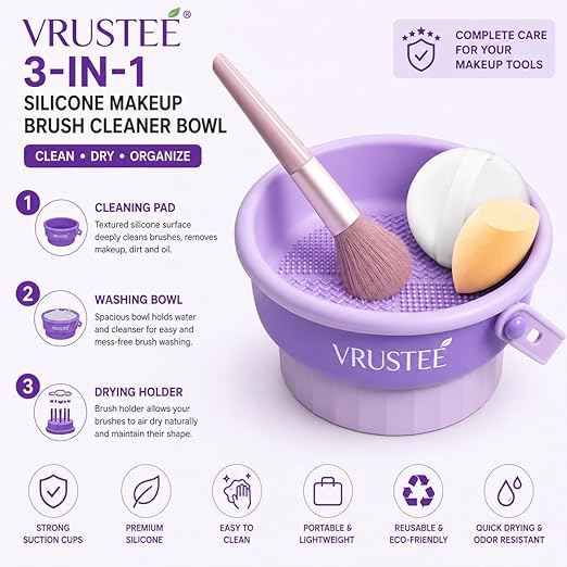 3-in-1 Silicone Makeup Brush Cleaner Bowl with Drying Holder – Portable Cosmetic Brush Cleaning Pad with Suction Cups – Brush Washing Bowl, Puff And Sponge Cleaning Tool, Sponge Cleaner - Image 5