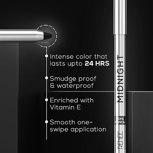 Midnight Kohl Kajal Pencil | Waterproof, Smudgeproof With Sharpener | 24 Hours Long Stay | Darkest Black | One Swipe Application | Vitamin E, Olive Oil and Castor Oil | Matte Finish - Image 4