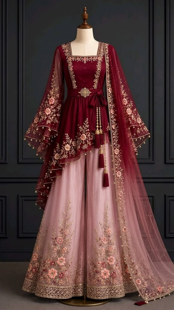 Luxury Bridal Lehenga Style Dress Sewing Pattern with Floral Embroidery
