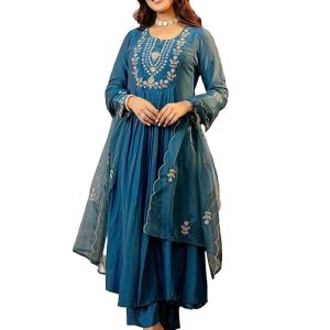 Women Embroidery Solid A-Line Kurta and Pant Set with Dupatta